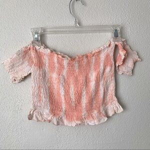 Kiwi and Punch peach pink smocked off the shoulder crop top S